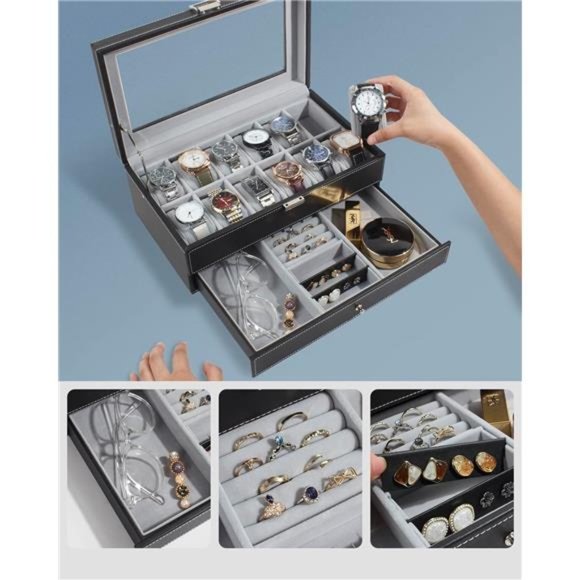 Watch Box 12 Slot Watch Display Organizer Leather Jewelry Case Drawer Glass - Picture 4 of 8